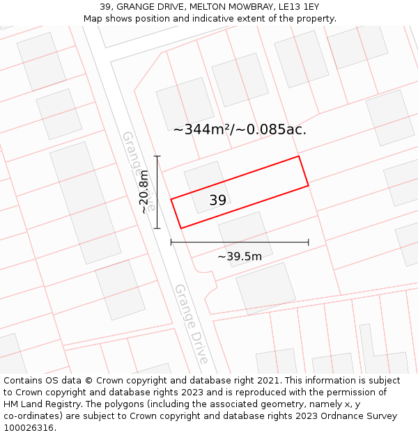 39, GRANGE DRIVE, MELTON MOWBRAY, LE13 1EY: Plot and title map