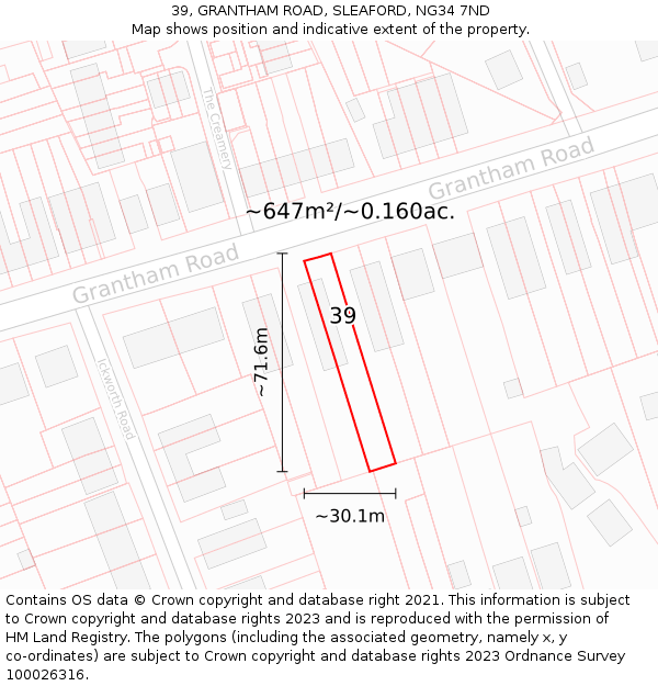 39, GRANTHAM ROAD, SLEAFORD, NG34 7ND: Plot and title map