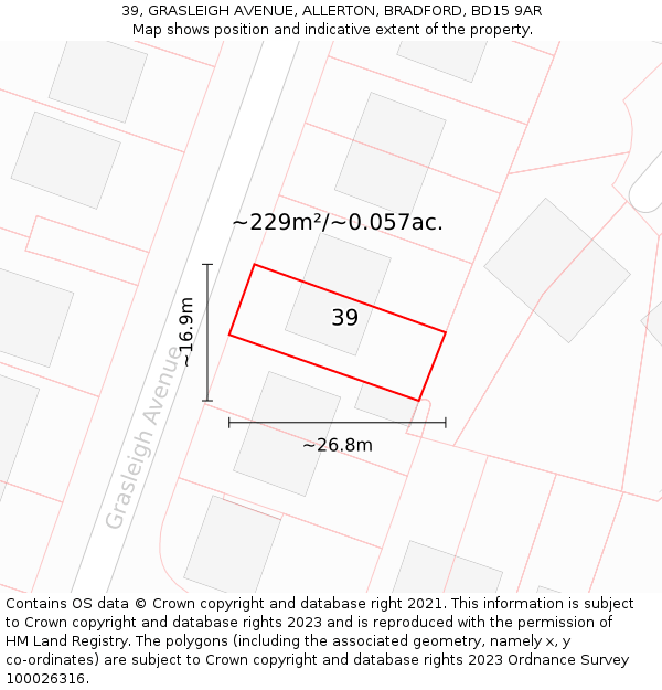 39, GRASLEIGH AVENUE, ALLERTON, BRADFORD, BD15 9AR: Plot and title map