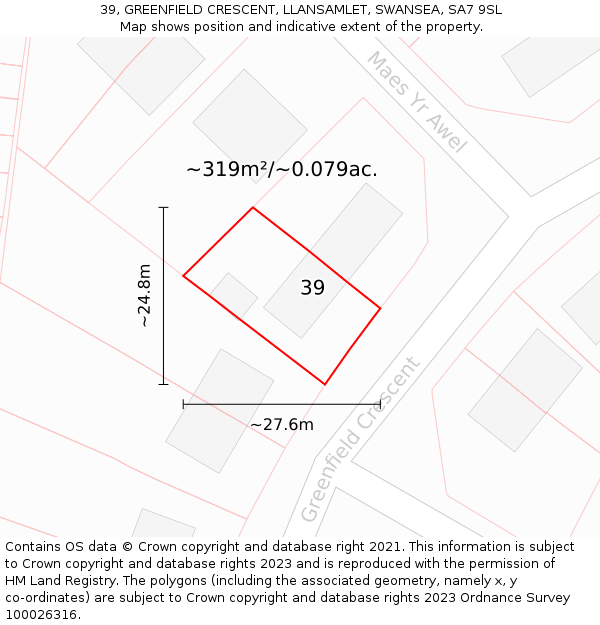 39, GREENFIELD CRESCENT, LLANSAMLET, SWANSEA, SA7 9SL: Plot and title map