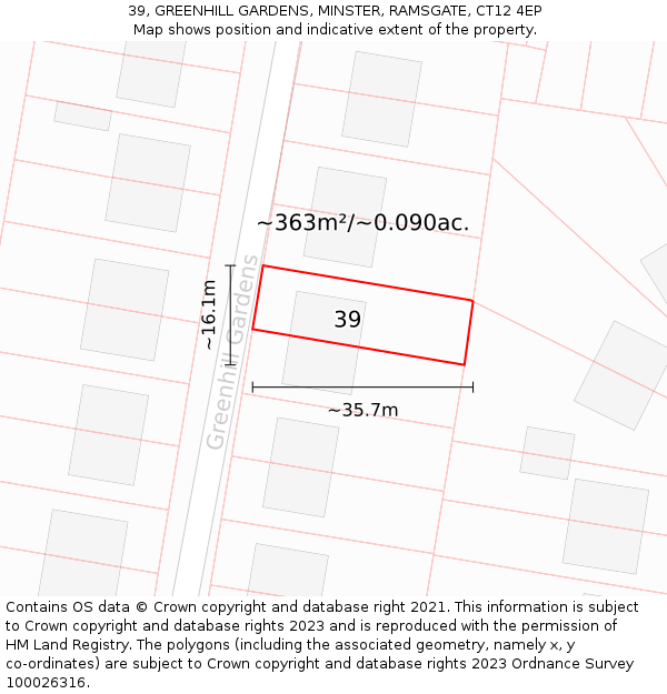 39, GREENHILL GARDENS, MINSTER, RAMSGATE, CT12 4EP: Plot and title map