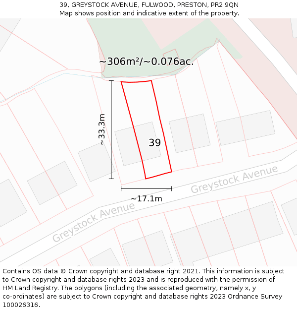 39, GREYSTOCK AVENUE, FULWOOD, PRESTON, PR2 9QN: Plot and title map