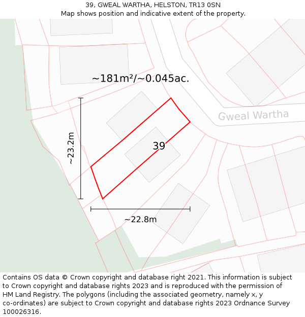 39, GWEAL WARTHA, HELSTON, TR13 0SN: Plot and title map