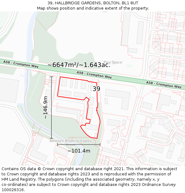 39, HALLBRIDGE GARDENS, BOLTON, BL1 8UT: Plot and title map