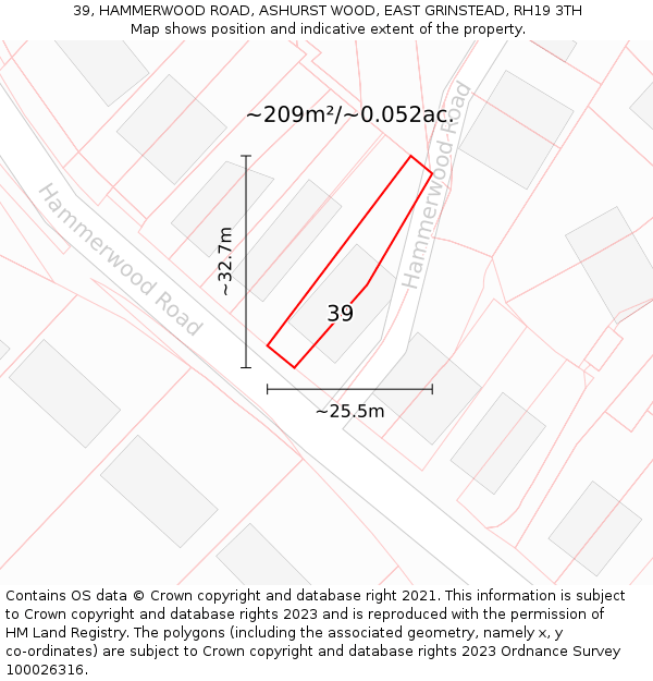 39, HAMMERWOOD ROAD, ASHURST WOOD, EAST GRINSTEAD, RH19 3TH: Plot and title map