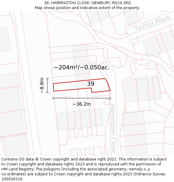 39, HARRINGTON CLOSE, NEWBURY, RG14 2RQ: Plot and title map