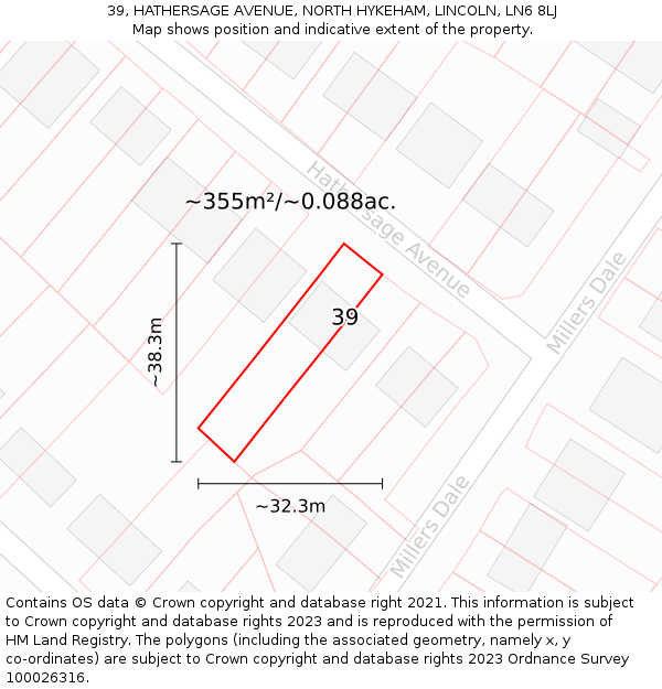39, HATHERSAGE AVENUE, NORTH HYKEHAM, LINCOLN, LN6 8LJ: Plot and title map