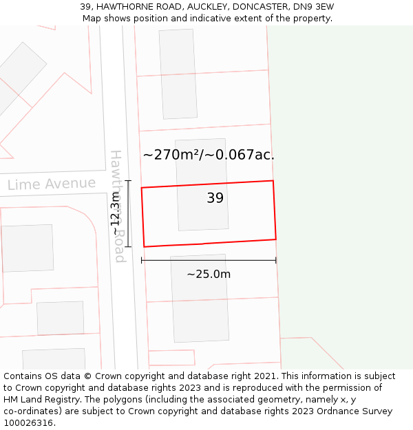 39, HAWTHORNE ROAD, AUCKLEY, DONCASTER, DN9 3EW: Plot and title map