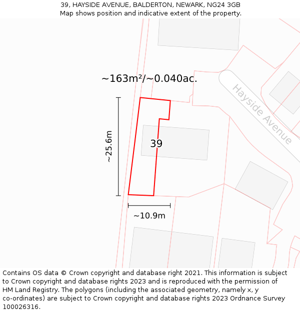 39, HAYSIDE AVENUE, BALDERTON, NEWARK, NG24 3GB: Plot and title map