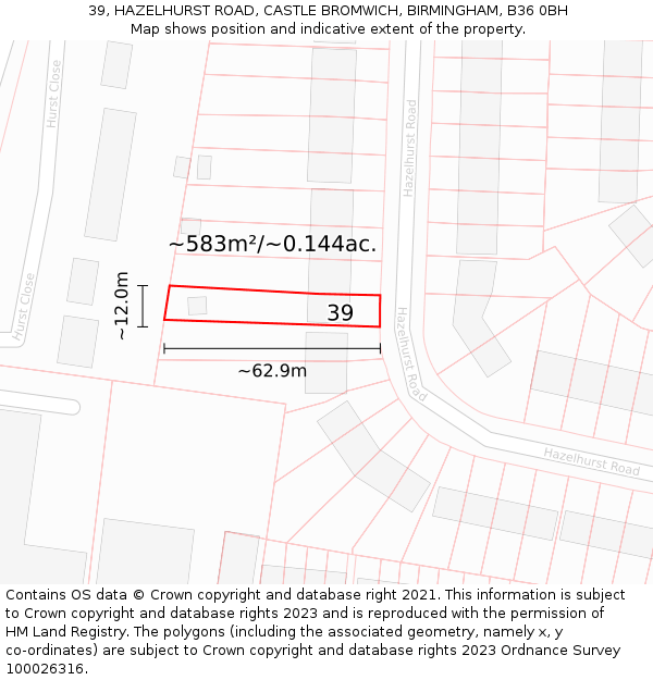 39, HAZELHURST ROAD, CASTLE BROMWICH, BIRMINGHAM, B36 0BH: Plot and title map