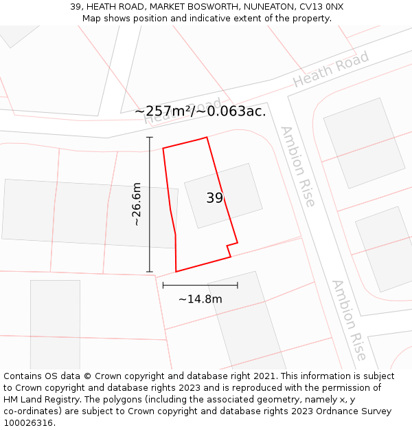 39, HEATH ROAD, MARKET BOSWORTH, NUNEATON, CV13 0NX: Plot and title map