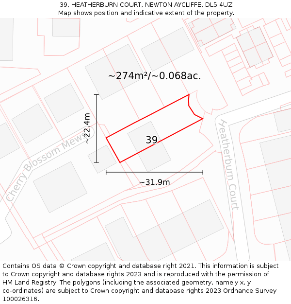 39, HEATHERBURN COURT, NEWTON AYCLIFFE, DL5 4UZ: Plot and title map