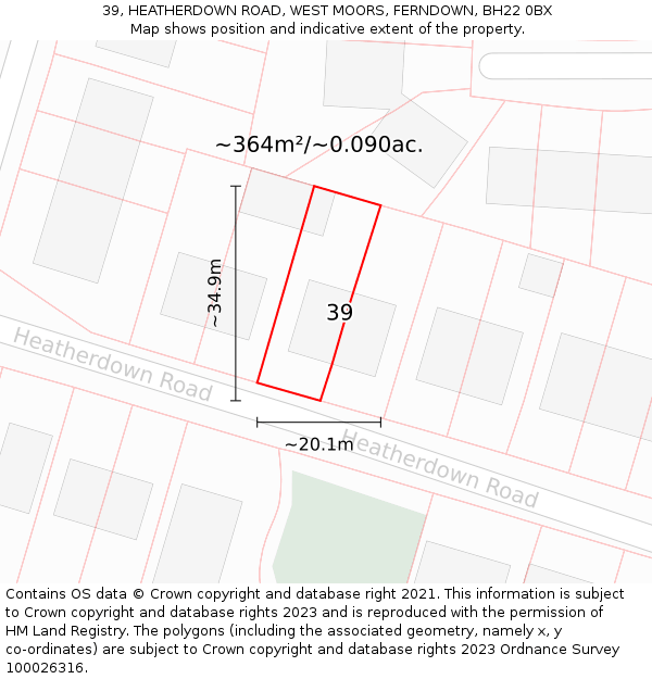 39, HEATHERDOWN ROAD, WEST MOORS, FERNDOWN, BH22 0BX: Plot and title map