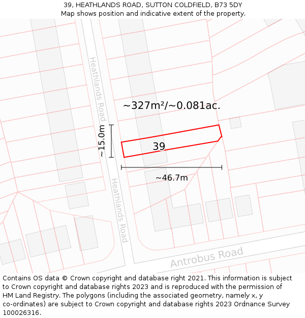 39, HEATHLANDS ROAD, SUTTON COLDFIELD, B73 5DY: Plot and title map