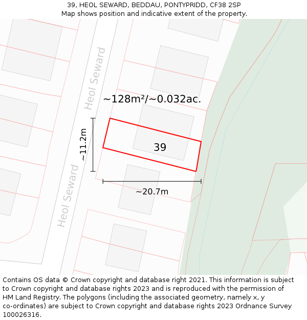 39, HEOL SEWARD, BEDDAU, PONTYPRIDD, CF38 2SP: Plot and title map