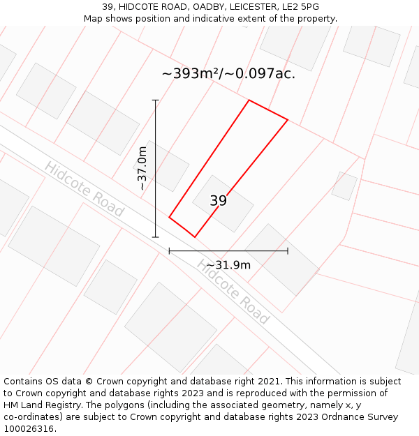 39, HIDCOTE ROAD, OADBY, LEICESTER, LE2 5PG: Plot and title map