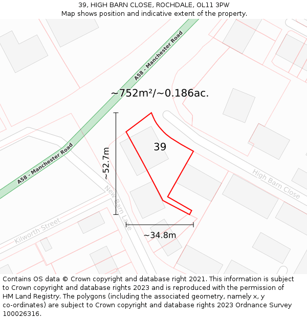 39, HIGH BARN CLOSE, ROCHDALE, OL11 3PW: Plot and title map