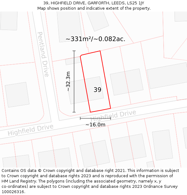 39, HIGHFIELD DRIVE, GARFORTH, LEEDS, LS25 1JY: Plot and title map