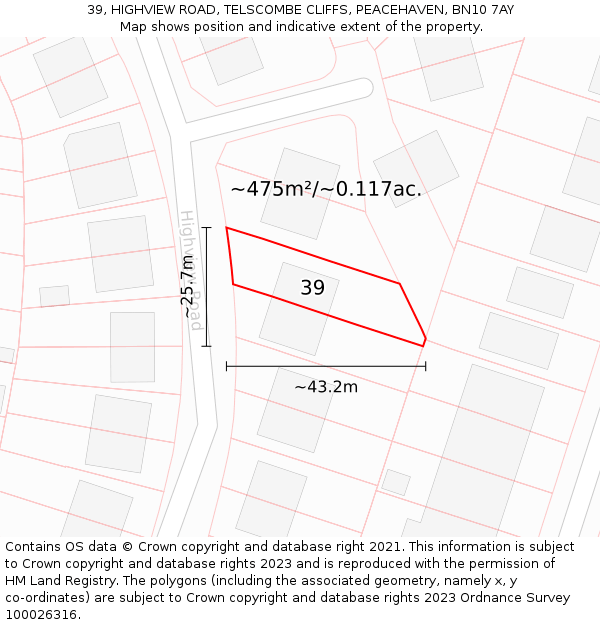 39, HIGHVIEW ROAD, TELSCOMBE CLIFFS, PEACEHAVEN, BN10 7AY: Plot and title map