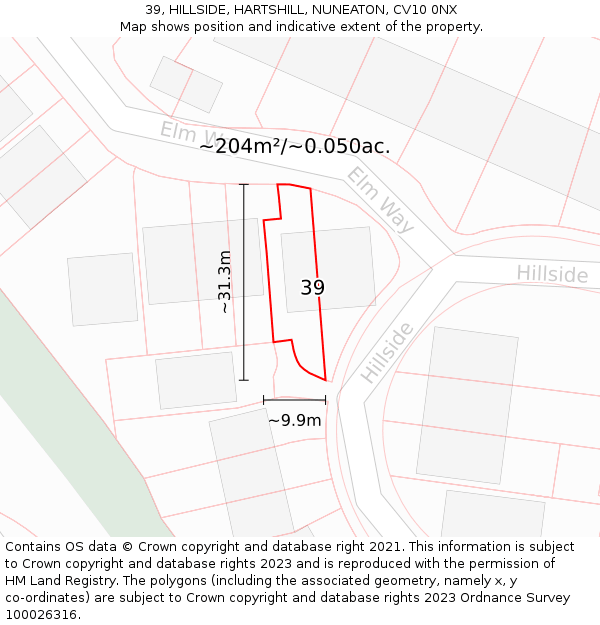 39, HILLSIDE, HARTSHILL, NUNEATON, CV10 0NX: Plot and title map