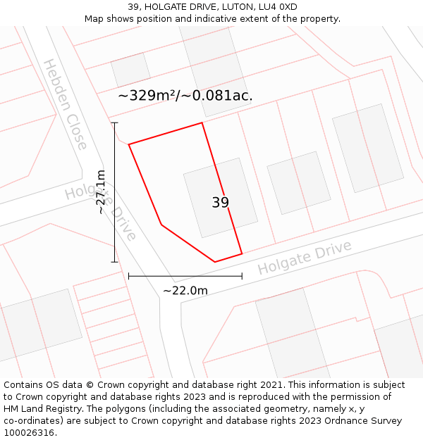 39, HOLGATE DRIVE, LUTON, LU4 0XD: Plot and title map