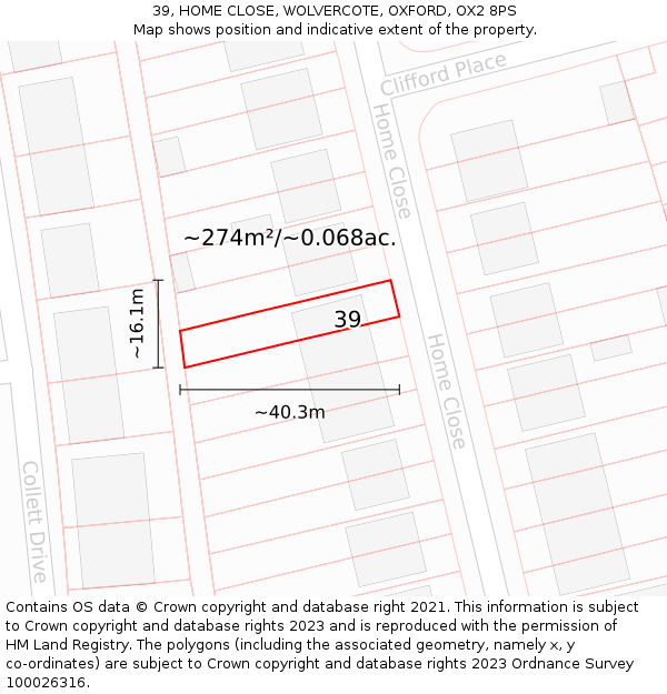 39, HOME CLOSE, WOLVERCOTE, OXFORD, OX2 8PS: Plot and title map
