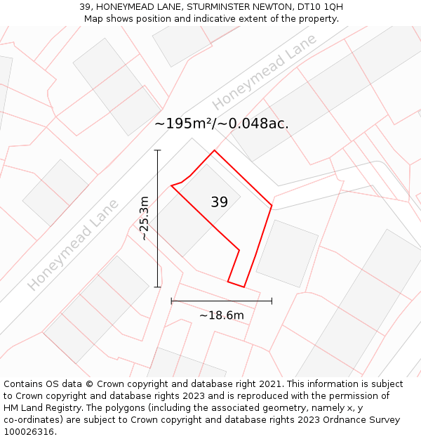 39, HONEYMEAD LANE, STURMINSTER NEWTON, DT10 1QH: Plot and title map