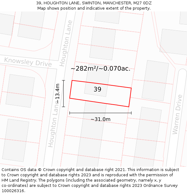 39, HOUGHTON LANE, SWINTON, MANCHESTER, M27 0DZ: Plot and title map