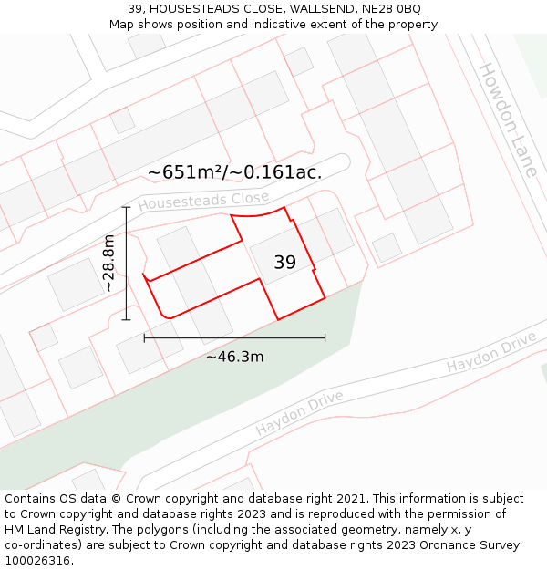 39, HOUSESTEADS CLOSE, WALLSEND, NE28 0BQ: Plot and title map