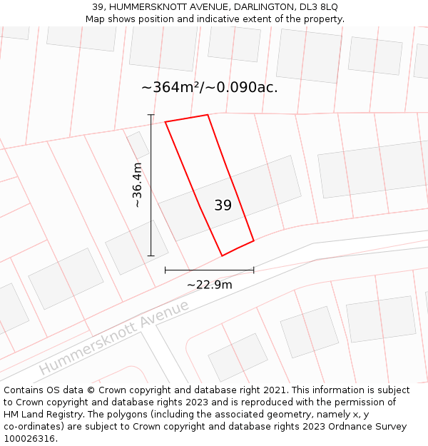 39, HUMMERSKNOTT AVENUE, DARLINGTON, DL3 8LQ: Plot and title map