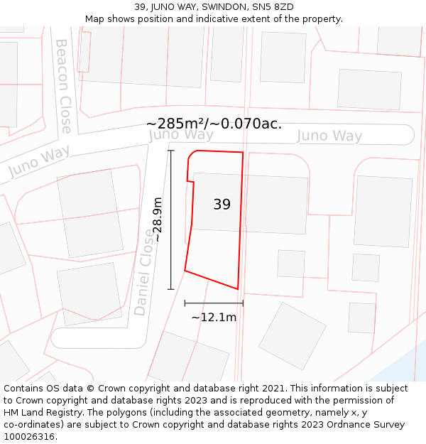 39, JUNO WAY, SWINDON, SN5 8ZD: Plot and title map