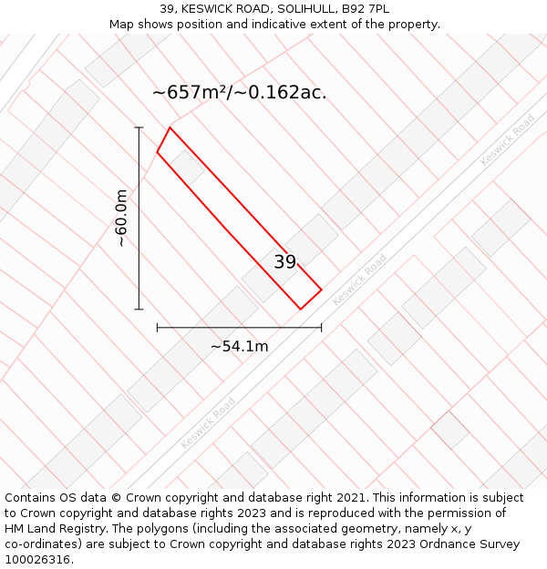 39, KESWICK ROAD, SOLIHULL, B92 7PL: Plot and title map