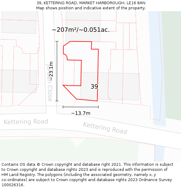 39, KETTERING ROAD, MARKET HARBOROUGH, LE16 8AN: Plot and title map