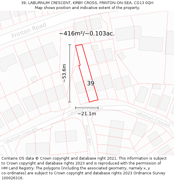 39, LABURNUM CRESCENT, KIRBY CROSS, FRINTON-ON-SEA, CO13 0QH: Plot and title map