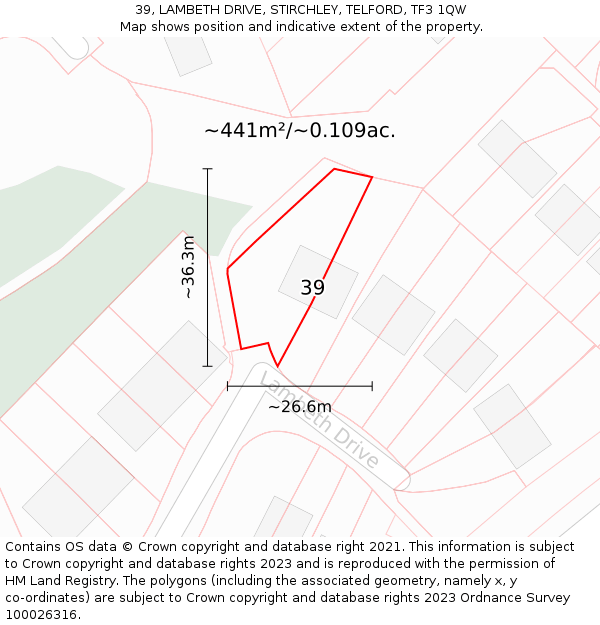 39, LAMBETH DRIVE, STIRCHLEY, TELFORD, TF3 1QW: Plot and title map