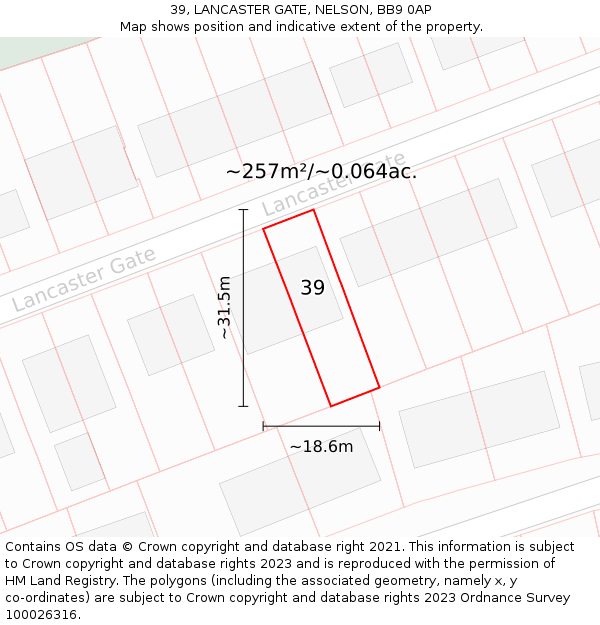 39, LANCASTER GATE, NELSON, BB9 0AP: Plot and title map