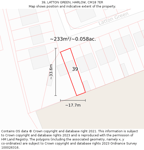 39, LATTON GREEN, HARLOW, CM18 7ER: Plot and title map