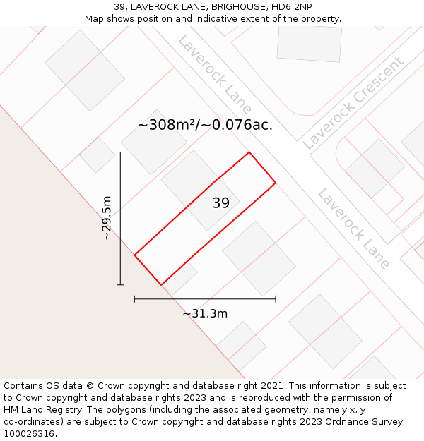 39, LAVEROCK LANE, BRIGHOUSE, HD6 2NP: Plot and title map