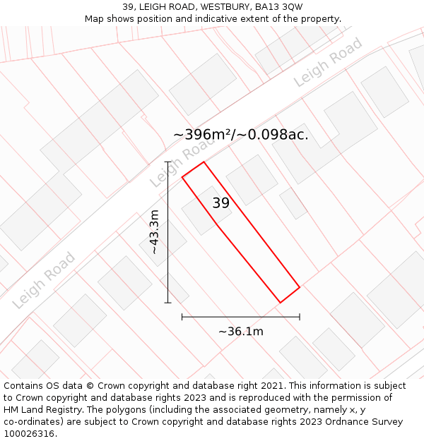 39, LEIGH ROAD, WESTBURY, BA13 3QW: Plot and title map