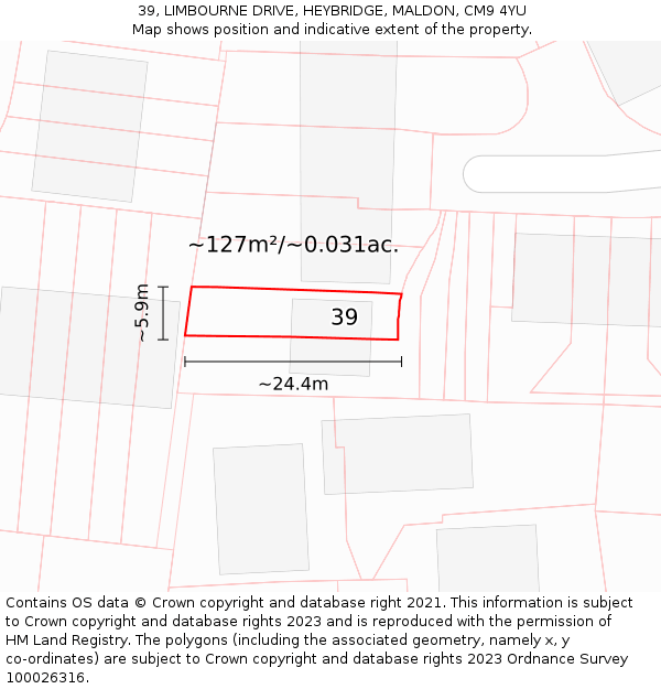 39, LIMBOURNE DRIVE, HEYBRIDGE, MALDON, CM9 4YU: Plot and title map