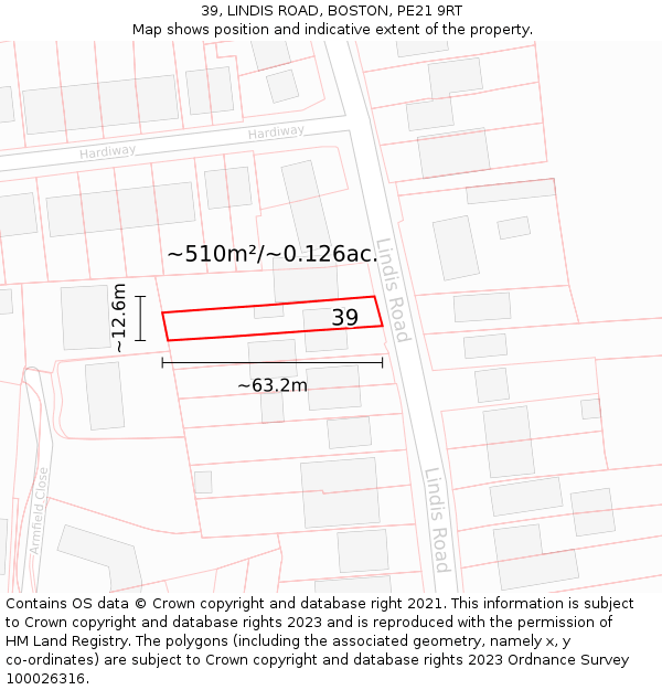 39, LINDIS ROAD, BOSTON, PE21 9RT: Plot and title map