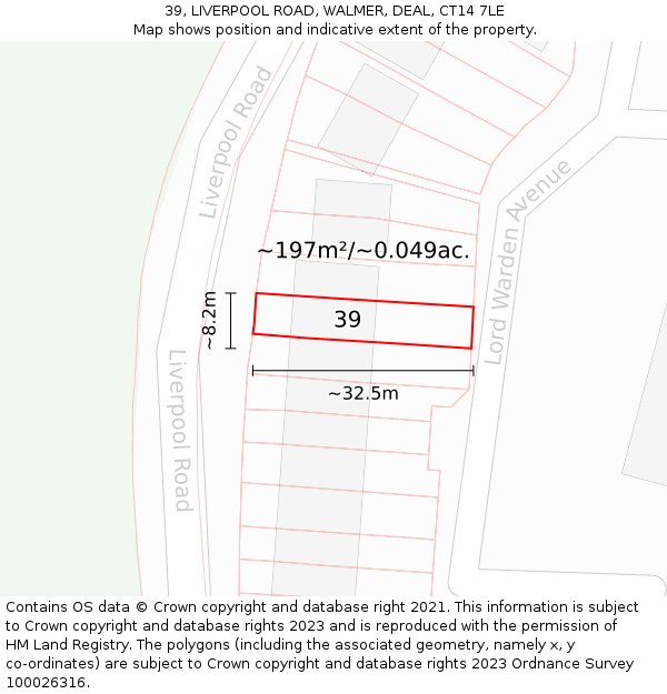 39, LIVERPOOL ROAD, WALMER, DEAL, CT14 7LE: Plot and title map