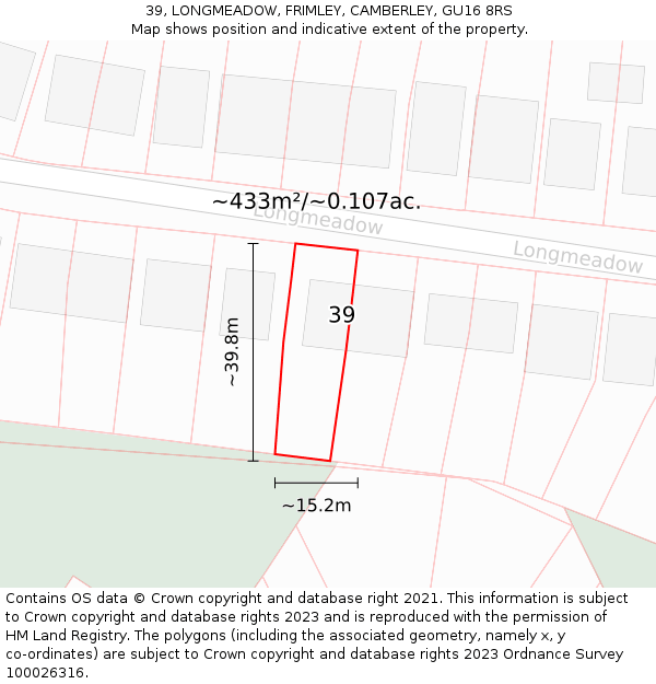 39, LONGMEADOW, FRIMLEY, CAMBERLEY, GU16 8RS: Plot and title map