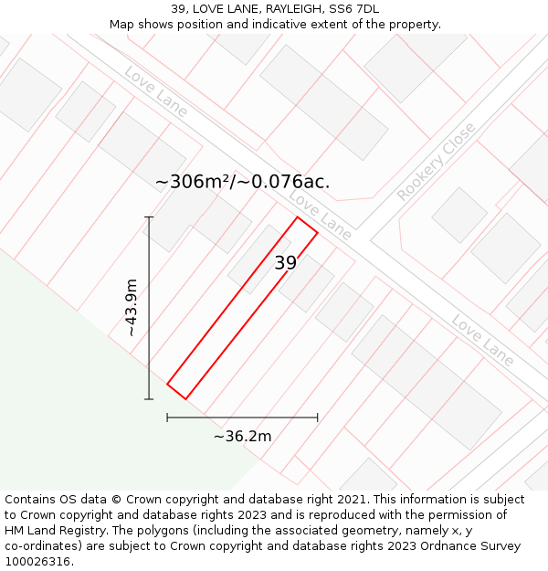 39, LOVE LANE, RAYLEIGH, SS6 7DL: Plot and title map