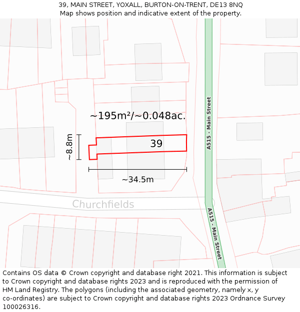 39, MAIN STREET, YOXALL, BURTON-ON-TRENT, DE13 8NQ: Plot and title map