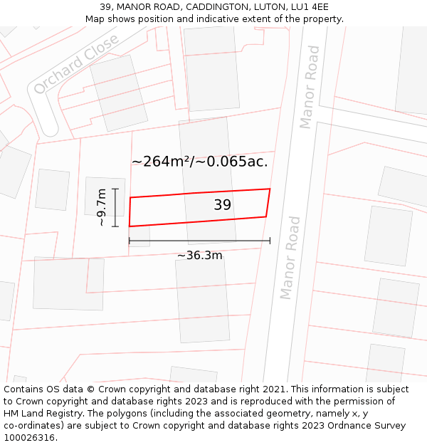 39, MANOR ROAD, CADDINGTON, LUTON, LU1 4EE: Plot and title map