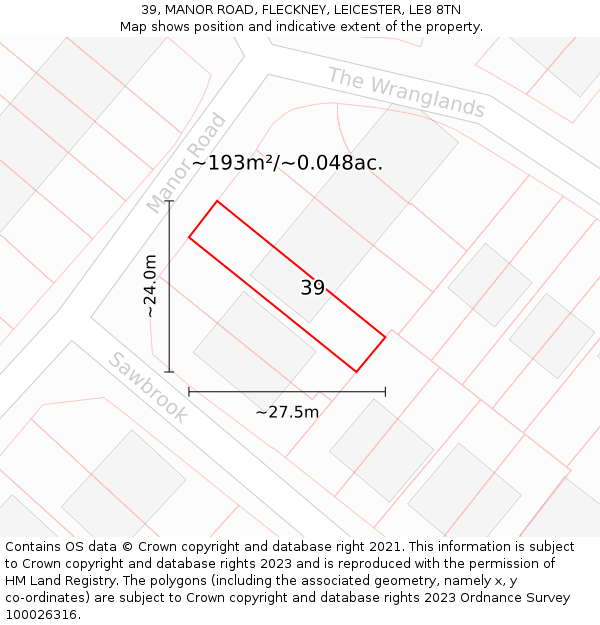 39, MANOR ROAD, FLECKNEY, LEICESTER, LE8 8TN: Plot and title map