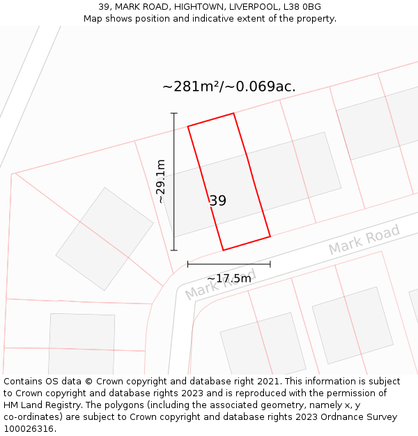 39, MARK ROAD, HIGHTOWN, LIVERPOOL, L38 0BG: Plot and title map