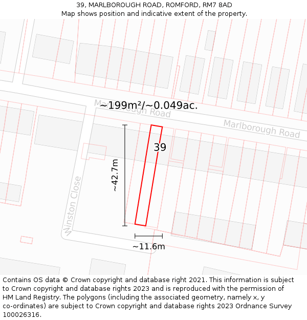 39, MARLBOROUGH ROAD, ROMFORD, RM7 8AD: Plot and title map