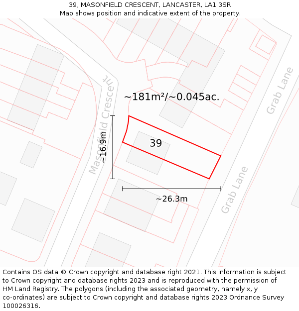 39, MASONFIELD CRESCENT, LANCASTER, LA1 3SR: Plot and title map